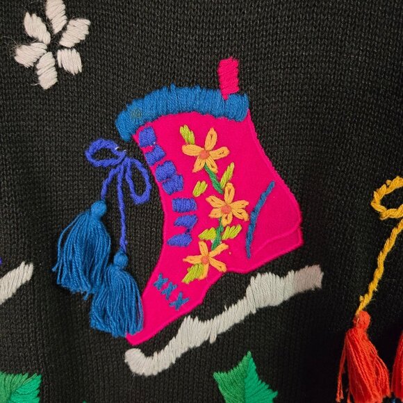 Vintage Ugly Novelty Christmas Holiday Sweater Embroidered Holly Snowflakes - Picture 3 of 9